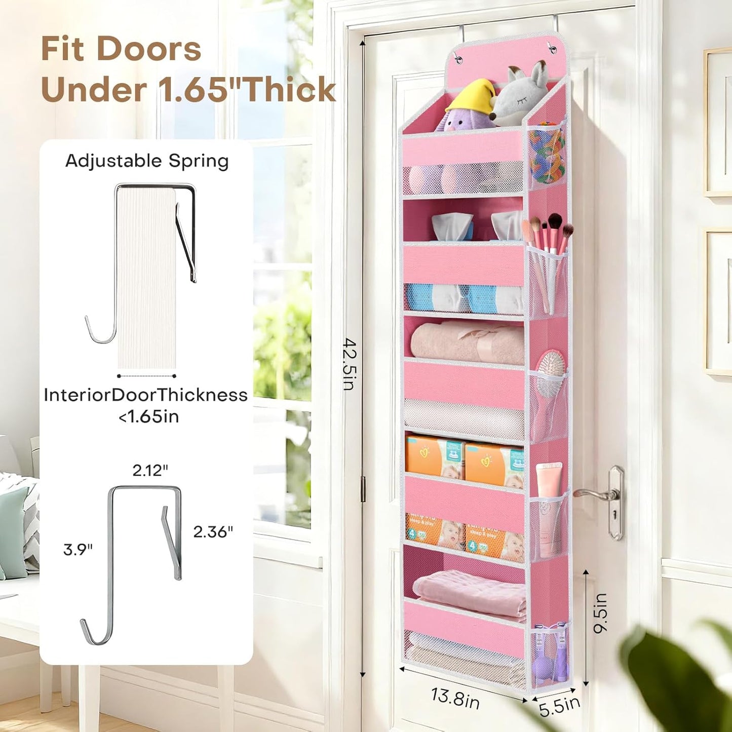 SpaceWhisper Over the Door Organizer, 4 Large Pocket Hanging Storage Organizer with 40lb Capacity, Space Saving for Nursery, Bathroom, Bedroom, Closet - Baby Essentials & Toiletry Organizer (Pink)
