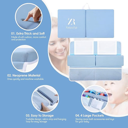 Bath Kneeler and Elbow Rest Pad Set - 2-Inch Thick Comfortable Baby Bath Kneeler Pads, Quick-Dry Non-Slip Bathtub Mat with Toy Organizer for Knee & Arm Support for Baby Bath Time