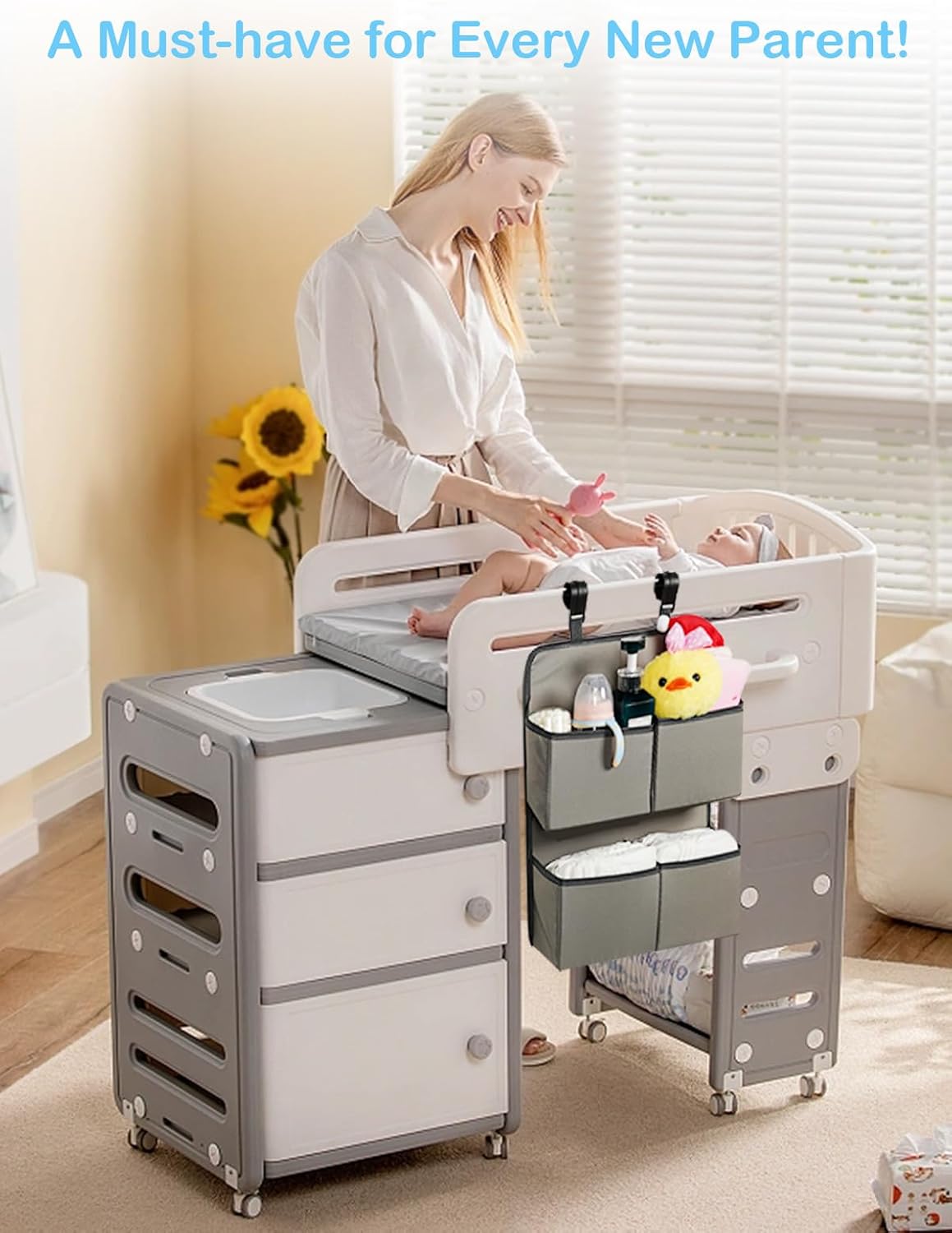 Hanging Diaper Organizer for Crib/Playpen/Bassinet – Hold 80+ Diapers - 4 Deep Pockets-H19in x L15 in Changing Table Diaper Holder - Hanging Diaper Storage Stacker Nursery Caddy - Gray