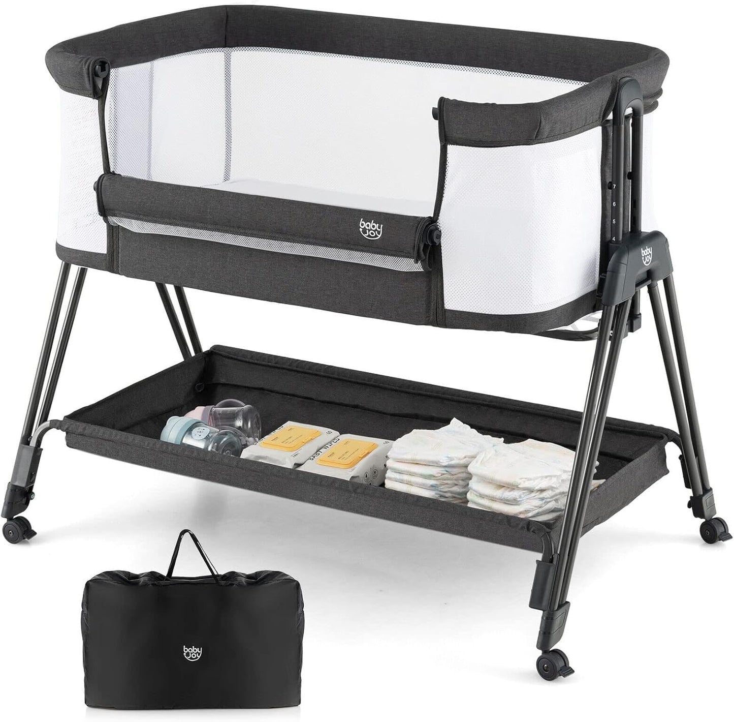 BABY JOY Bassinet Bedside Sleeper, Easy Folding Baby Crib w/All-Side Mesh, Storage Shelf, 7 Adjustable Heights, Mattress & Travel Bag for Safe Co-Sleeping, Portable Baby Bed for Newborn Infant -Gray