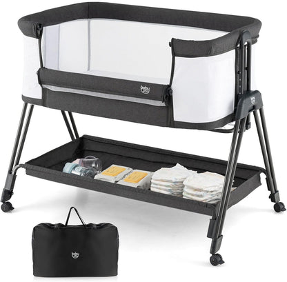 BABY JOY Bassinet Bedside Sleeper, Easy Folding Baby Crib w/All-Side Mesh, Storage Shelf, 7 Adjustable Heights, Mattress & Travel Bag for Safe Co-Sleeping, Portable Baby Bed for Newborn Infant -Gray