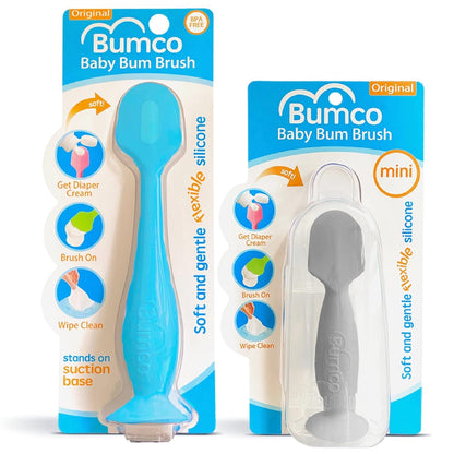 Bumco Mini Baby Diaper Cream Spatula with Case - BPA-Free Silicone Diaper Spatula with Suction Cup, Wipe-Clean Baby Bum Brush, Mom-Invented Butt Paste Applicator (Blue)