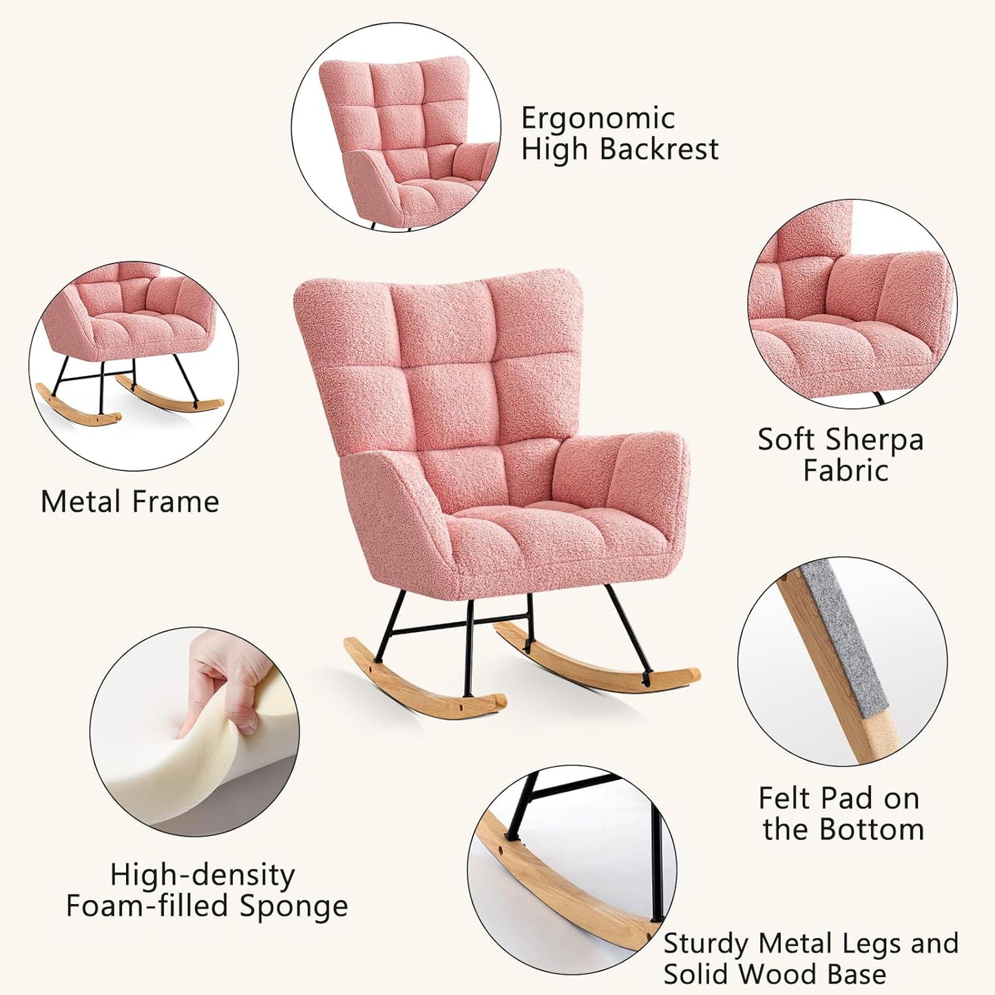 Furniliving Nursery Rocking Chair Upholstered Glider Rocking Chair Modern Accent Chair Padded Seat Reading Chair with High Backrest Comfy Chair for Living Room, Bedroom, Nursery, Black, Teddy