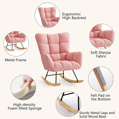 Furniliving Nursery Rocking Chair Upholstered Glider Rocking Chair Modern Accent Chair Padded Seat Reading Chair with High Backrest Comfy Chair for Living Room, Bedroom, Nursery, Black, Teddy