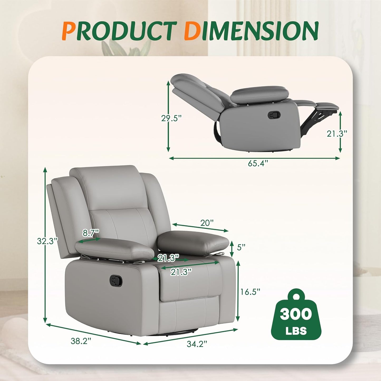 AILEEKISS Nursery Glider Recliner Chair with Adjustable Armrests, Swivel Rocking Recliner for Breastfeeding Moms, 360° Swivel, 30° Rocking, 90°-160° Recline, Easy-Clean Nursery Chair(White)