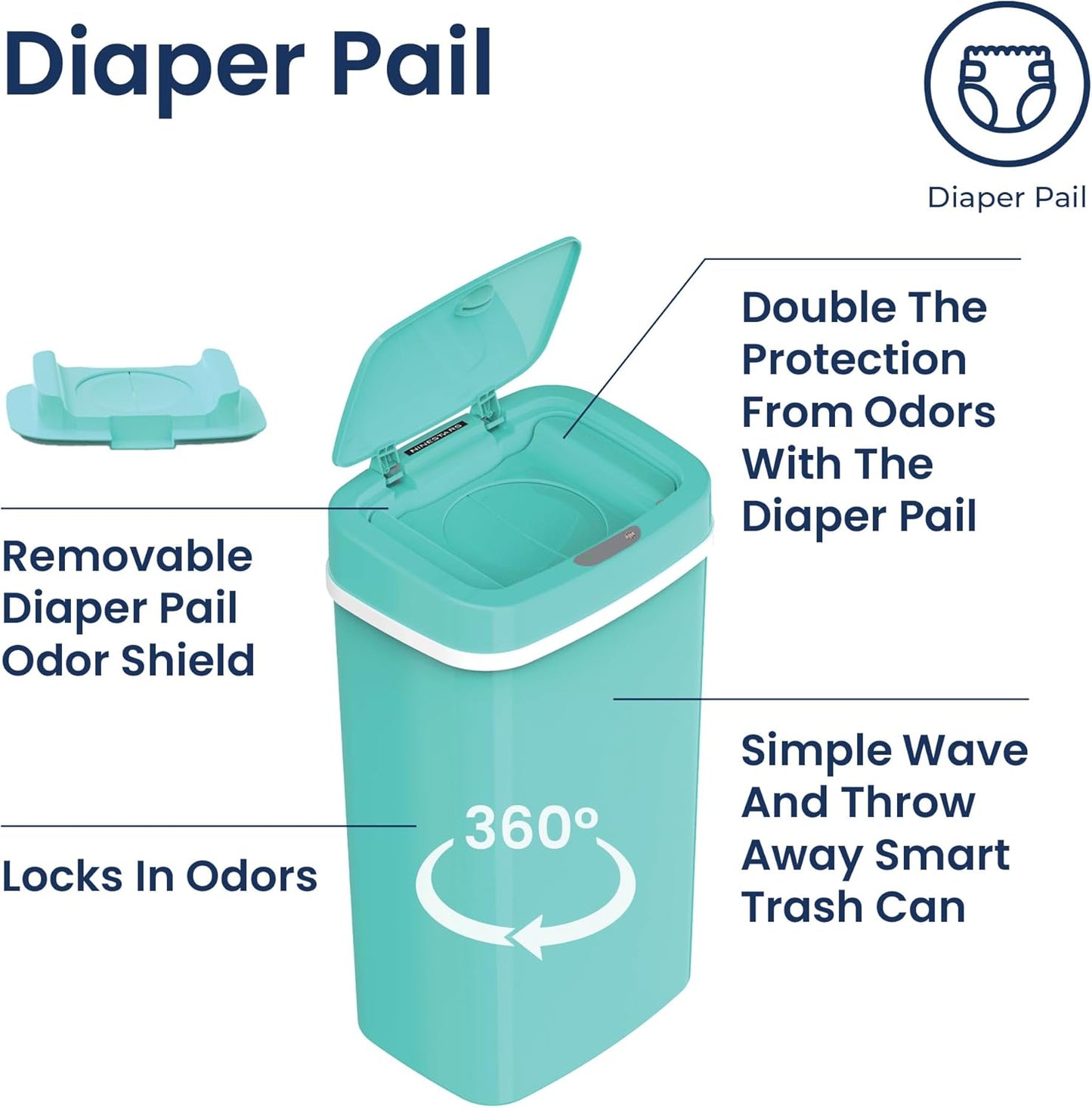 Ninestars NPT-16-1TB Automatic Touchless Motion Sensor Diaper Disposal Trash Can with lid, 4.2 gallon/16 L, Teal Blue, Plastic