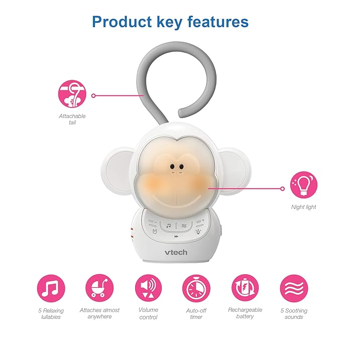 VTech Communications BC8211 Myla The Monkey Baby Sleep Soother with a White Noise Sound Machine Featuring 5 Soft Ambient Sounds, 5 Calming Melodies & Soft-Glow Night Light, 1 Count (Pack of 1)