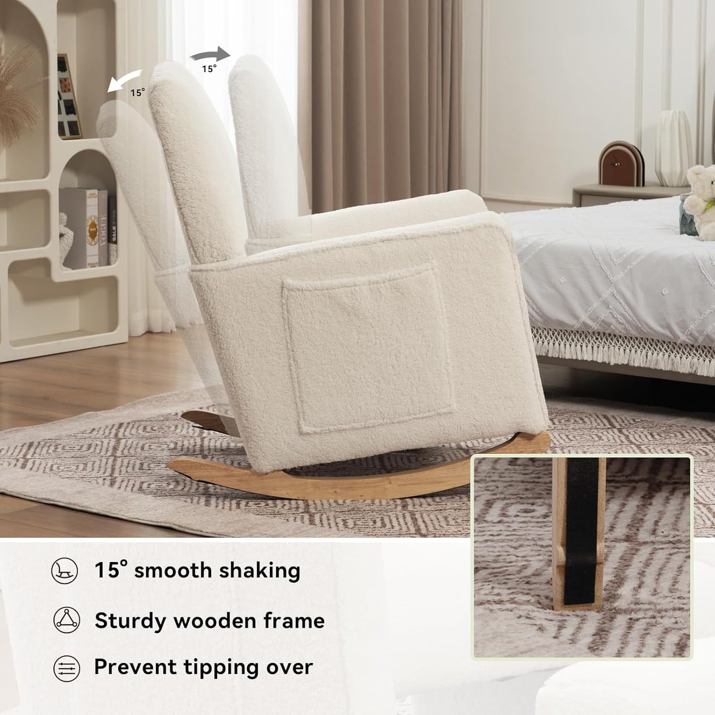 FOXHUNTER Rocking Chair Nursery with Adjustable Footrest and High Backrest, Upholstered Glider Chairs with Side Pockets for Nursery, Rocker Armchair Indoor for Living Room,Beige