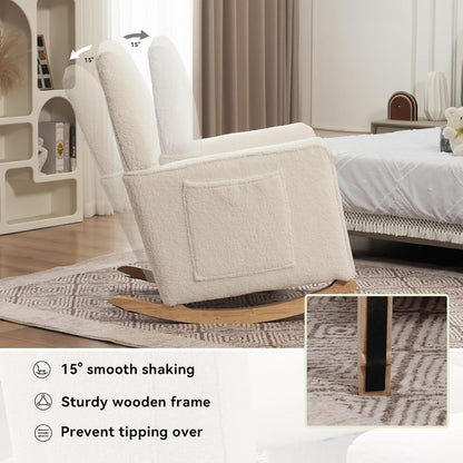 FOXHUNTER Rocking Chair Nursery with Adjustable Footrest and High Backrest, Upholstered Glider Chairs with Side Pockets for Nursery, Rocker Armchair Indoor for Living Room,Beige