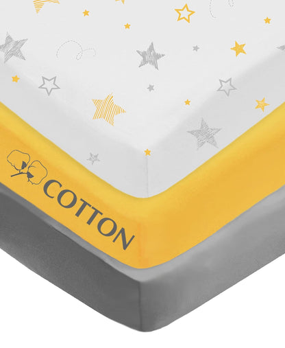 American Baby Company 3 Pack 100% Natural Cotton Fitted Pack and Play Sheets 39" x 27" - Soft & Breathable Pack N Play Sheets for Playard & Mini Crib Mattress, Yellow Star/Yellow/White, for Boy & Girl