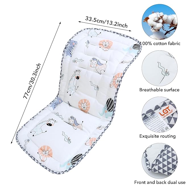 Baby Stroller Cushion,Infant Car Seat Insert-Reversible Universal Breathable and Soft Newborn seat Liner for Stroller,100% Cotton Seat Pad Liner for Newborns-34x78cm,1 Pack(Lion Dinosaur)
