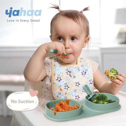 Baby Plates with Suction with Forks and Spoons, Foldable Silicone Toddler Plates, Baby Travel Essential, Microwave & Dishwasher Safe, Purple