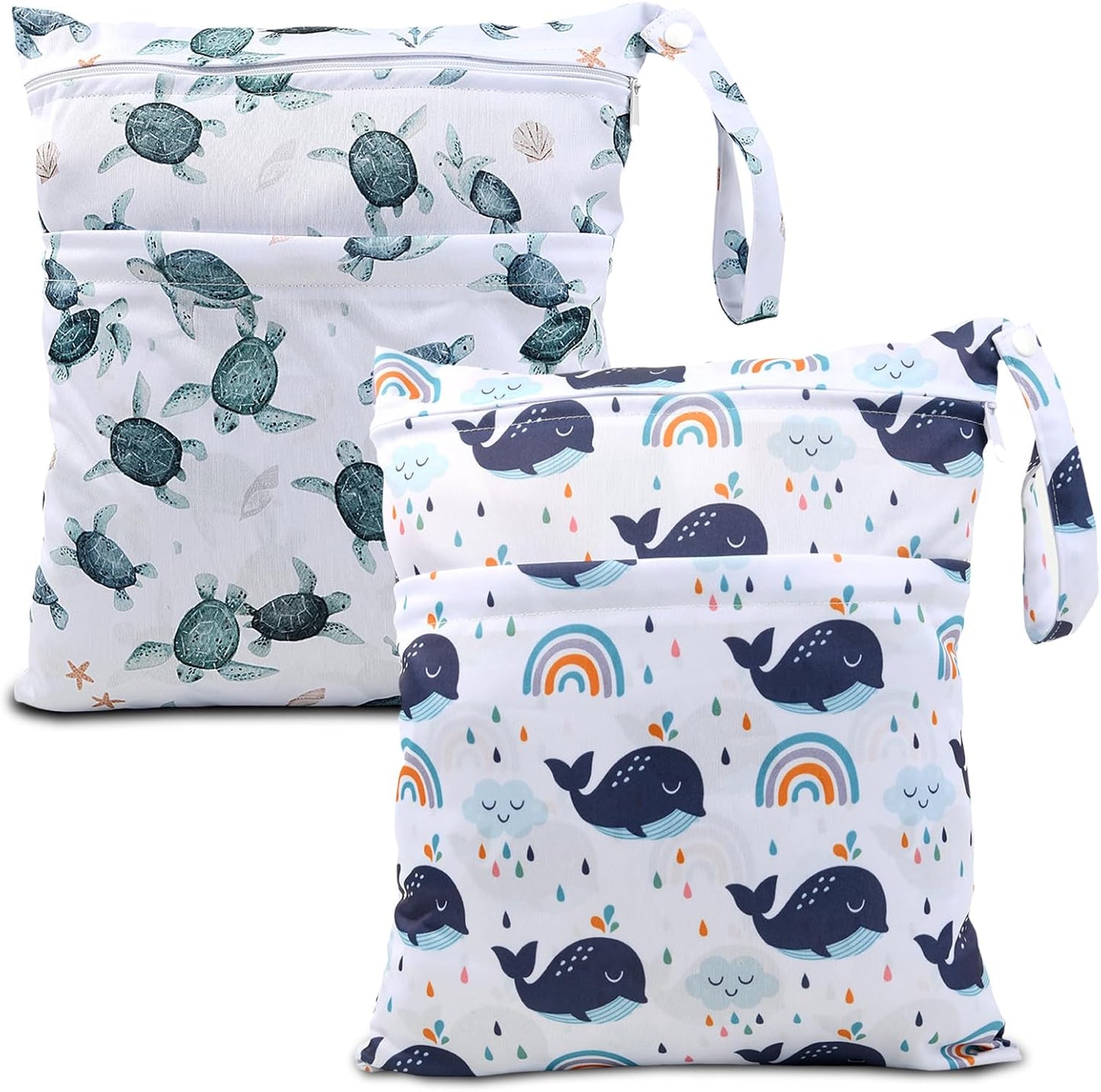 Wet Dry Bags 2-Pack with Cute Dolphin Print - Waterproof Travel Organizer for Swimming Pool Beach Gym Baby Cloth Diapers Swimwear with Dual Zippers
