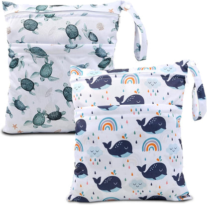 Wet Dry Bags 2-Pack with Cute Dolphin Print - Waterproof Travel Organizer for Swimming Pool Beach Gym Baby Cloth Diapers Swimwear with Dual Zippers