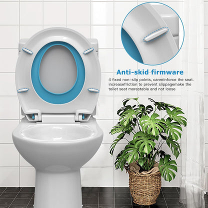 17" White Round Toilet Seat for Adult and Child, Built-In Potty Training Seat with Soft Quiet Close Non-Slip Design, Magnetic Kids Seat and Cover for Round/Oval Toilets, Easy to Install and Clean