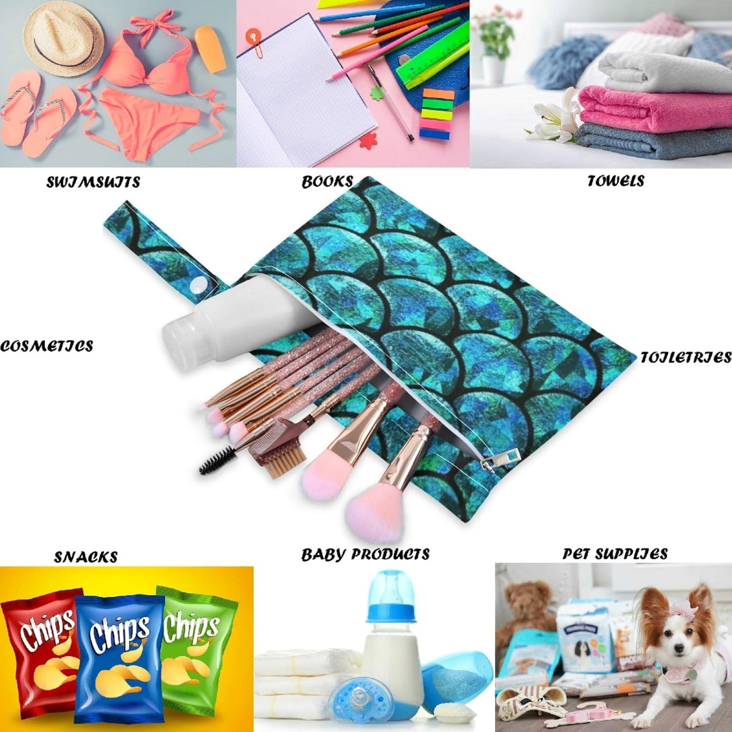 visesunny Kids Doodle Style Funny Whales And Colorful Fish 2Pcs Wet Bag with Zippered Pockets Washable Reusable Roomy for Travel,Beach,Pool,Daycare,Stroller,Diapers,Dirty Gym Clothes, Wet Swimsuits, T