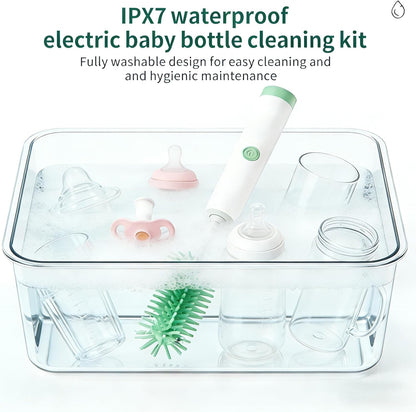 Portable Electric Silicone Bottle Brush Set, 7-in-1 UV LIGHT USB Charging, Nipple/Straw Cleaner, Milk Mixer, Built-in Drying Rack & Storage Case, BPA-Free, IPX7, On-the-Go for New Parents (Blush)