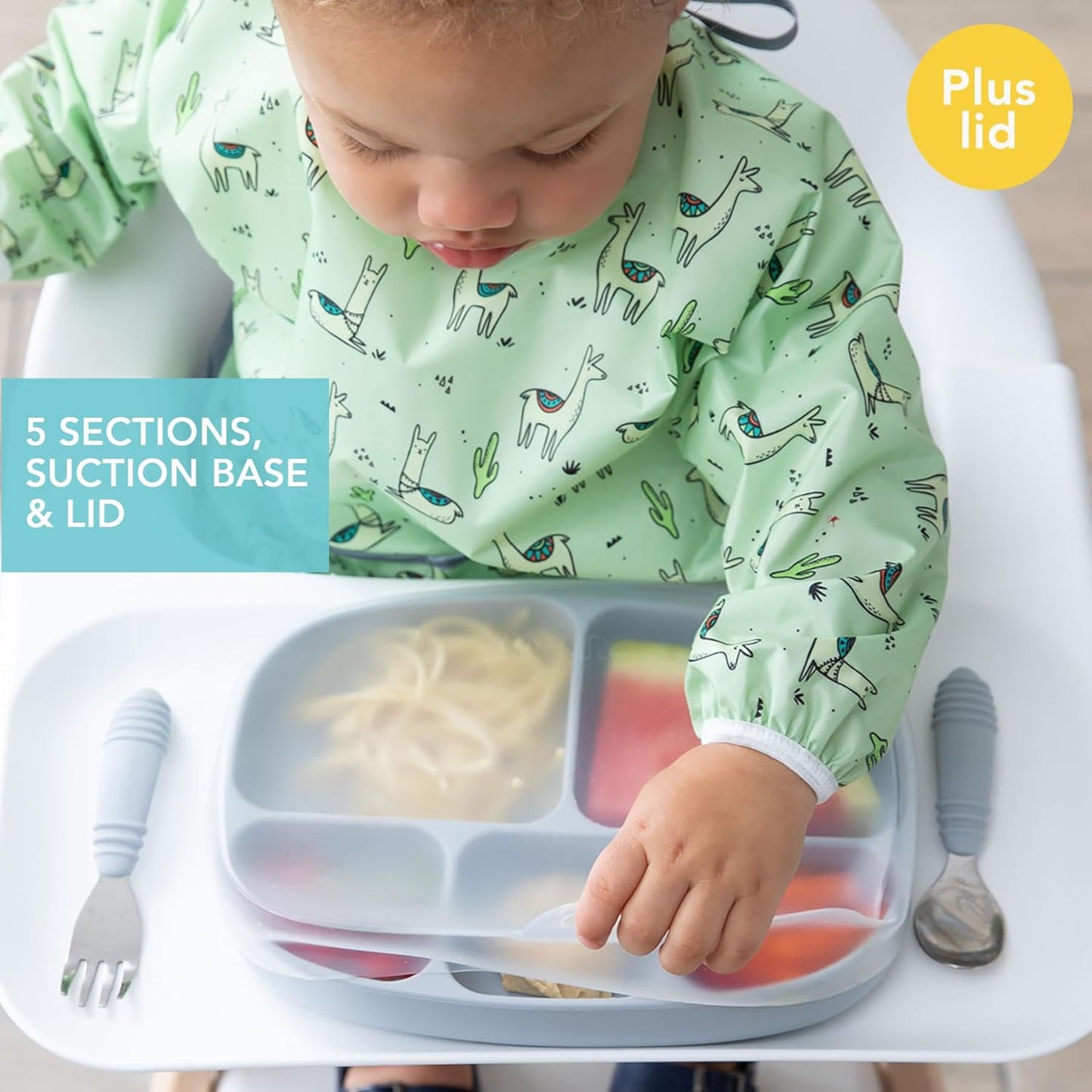 Bumkins Toddler and Baby Suction Plate, Divided Grip Dish for Babies and Kids, Baby Led Weaning, Feeding Supplies, Sticks to Tables and Highchairs, Platinum Silicone, for Chidren 6 Months, Gray