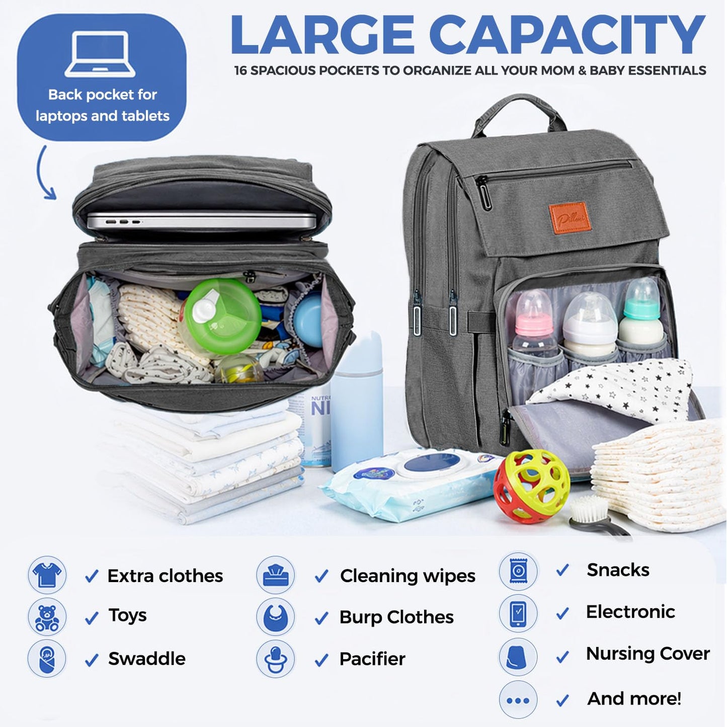 PILLANI Baby Diaper Bag Backpack - Large Waterproof Travel Diaper Bag for Boys & Girls, 16 Organizer Pockets with Changing Pad, Insulated Bottle Pockets & Stroller Straps, Baby Shower Gifts, Dinosaur