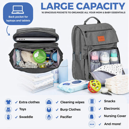 PILLANI Baby Diaper Bag Backpack - Large Waterproof Travel Diaper Bag for Boys & Girls, 16 Organizer Pockets with Changing Pad, Insulated Bottle Pockets & Stroller Straps, Baby Shower Gifts, Dinosaur