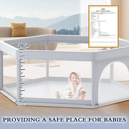 XVISHX 65 x 50 Inch Baby Playpen, Playpen for Babies and Toddlers, Baby Play Pen Playard for Indoor & Outdoor Active Center Game Fence, with Skin-Friendly Fabric and Soft Breathable Mesh, Grey