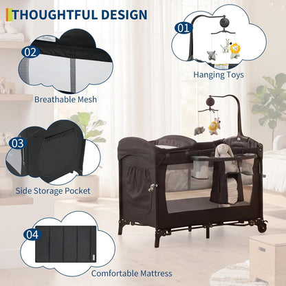 4 in 1 Baby Playard, Portable Bedside Crib with Rocking Bassinet & Diaper Changer, Infant Pack and Play with Mattress, Large Toddler Playpen, Newborn Changing Table, Storage Pocket & Rotating Toy Bar