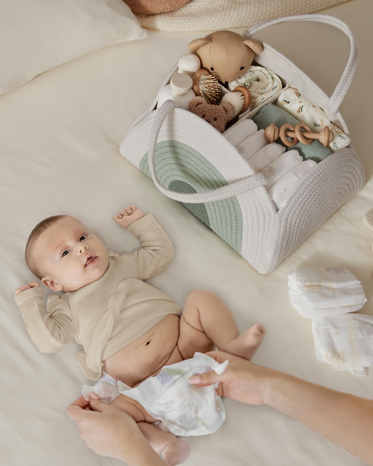 Blissful Diary Baby Diaper Caddy Organizer, Cotton Rope Diaper Caddy Basket, Large Storage Basket for Newborn Boys and Girls, Gift for Baby Shower List, Newborn Essentials, Earthy Rainbow