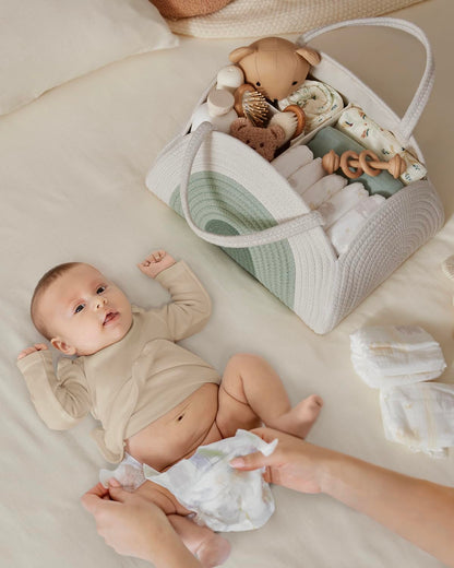 Blissful Diary Baby Diaper Caddy Organizer, Cotton Rope Diaper Caddy Basket, Large Storage Basket for Newborn Boys and Girls, Gift for Baby Shower List, Newborn Essentials, Earthy Rainbow