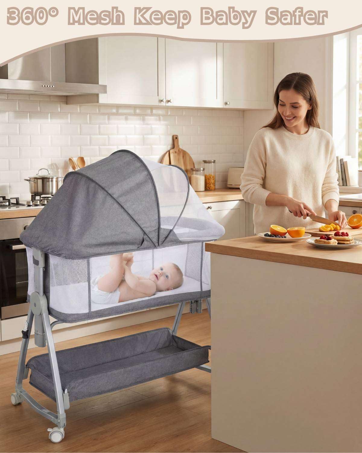 Bedside Bassinet for Baby, Sturdy 3 in 1 Bedside Sleeper with Mattress & Wheels, Height Adjustable, Breathable Mesh, Storage Basket, Easy to Assemble for Newborn, Grey