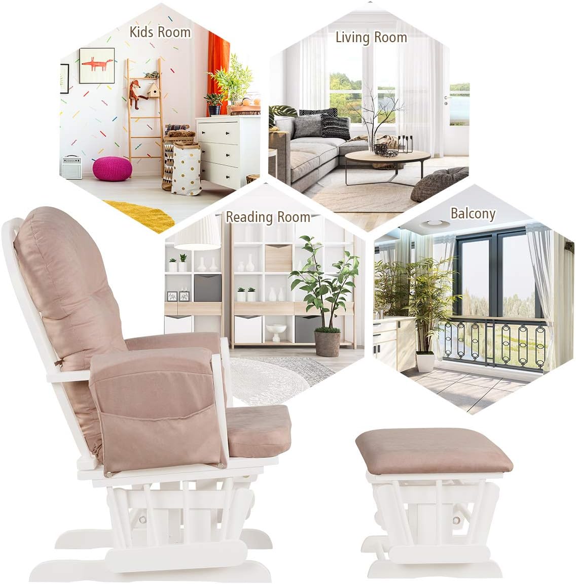 Costzon Nursery Glider with Ottoman, Upholstered Comfort Glider Rocker with Padded Cushion, Storage Pocket, Solid Wood Base, Rocking Chair Nursery for Breastfeeding, Napping (Light Gray)