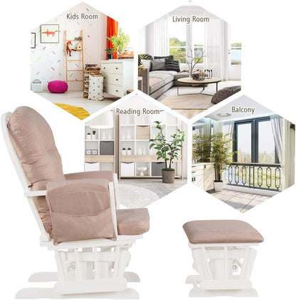 Costzon Nursery Glider with Ottoman, Upholstered Comfort Glider Rocker with Padded Cushion, Storage Pocket, Solid Wood Base, Rocking Chair Nursery for Breastfeeding, Napping (Light Gray)