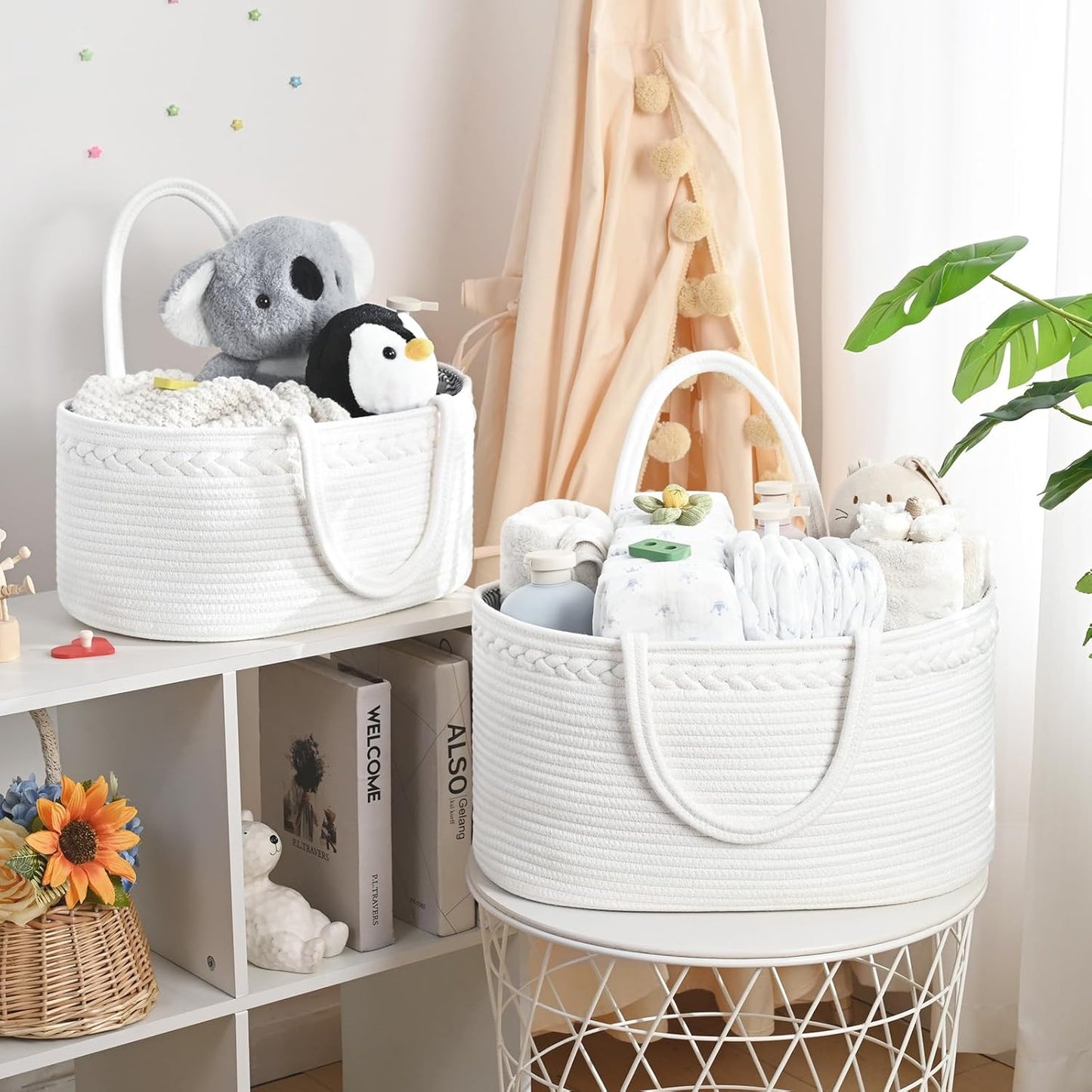 19L Baby Diaper Caddy Organizer, 16.8"x9.8"x9" Cotton Rope Diaper Basket, Changing Table Storage Caddy With Removable Divider, Baby Basket for Nursery, Car, Diapers, Baby Shower Gifts for Newborn