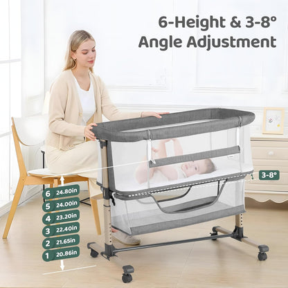 Cowiewie Bassinet Bedside Sleeper, Portable, Breathable, Adjustable Baby Bedside Bassinet for Peaceful Nights, Light Grey