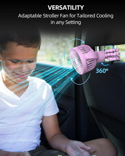 Portable Stroller Mini Fan, Small Rechargeable Personal Fan, Baby Travel Essentials for Wagon, Car Seat, Treadmill, Battery Powered Biking Gear Accessories, 360° Rotation, 3-Speed, Display, Black