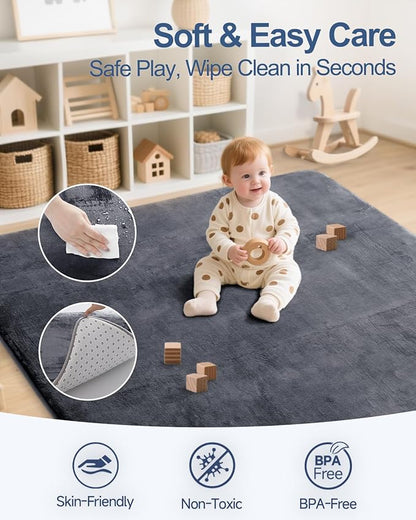 Thick Baby Play Mat for Floor,59 x 71 Playpen Mat,Large Tummy Time Foam Mats,Soft Support & Plush Feel Nursery Rug,Easy Care with Non-Slip Cushioned for Infant,Kids and Toddler Crawling,Dark Grey