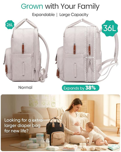 Qualyphant Extra Large Diaper Bag Backpack for Two Kids Twins - Expandable Baby Bag (26-36L), Dual Big Compartments - Includes Changing Pad & Stroller Straps, Unisex Beige