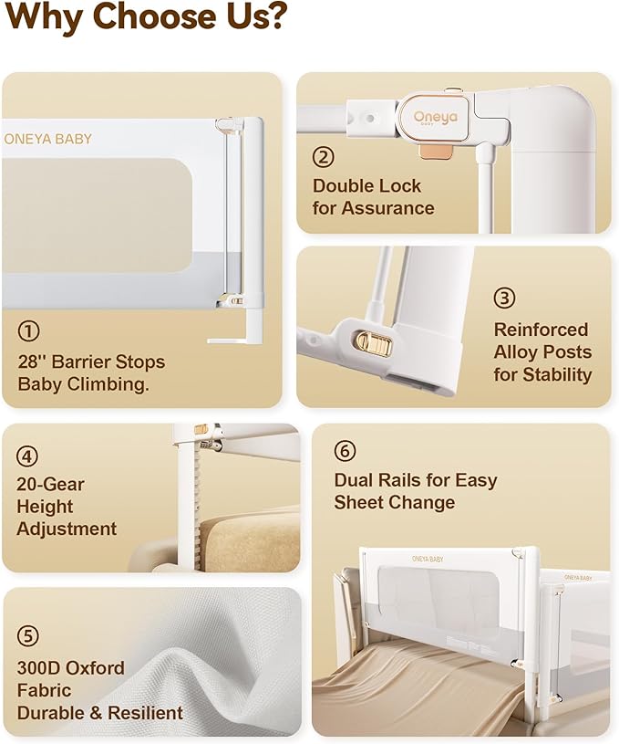 Bed Rails for Toddlers 3 Pack, Thickened & Reinforced Baby Rail Guard with No-Nail Design, Height Adjustable Toddler Rails for Queen Bed, Kids Safety Bed Side Rails, White/Grey, 60x78.7x78.7in