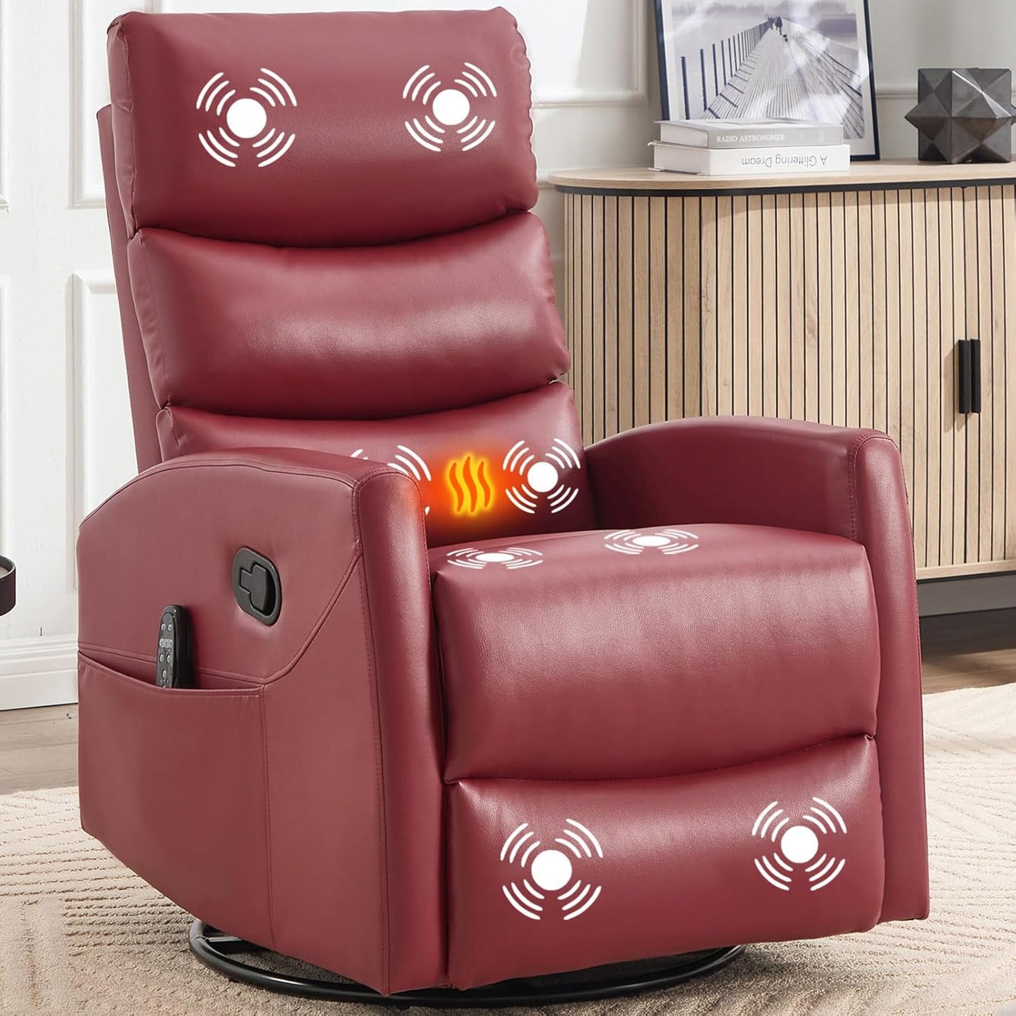 Massage Chair Recliner with Heat, Swivel Rocking Chair Recliner with High Back, Manual Nursery Recliners for Adults,Small Recliner Chair for Small Spaces, Living Room Bedroom, Fabric (Blue Green)