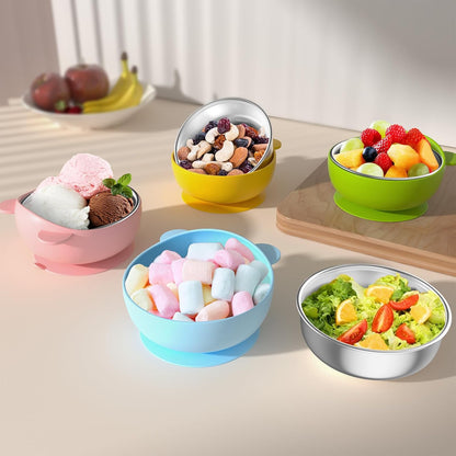 Bakpoco Toddler Bowls with suction & Utensils Set, 2-in-1 Stainless Steel 304 Kids Feeding Bowl & Silicone Suction Baby Bowl with Spoons and Forks, First Self-feeding Training Set, Organic Bloom