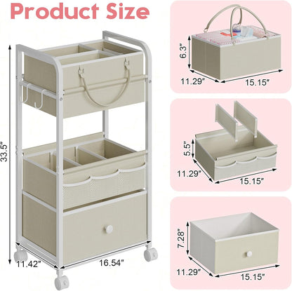 Cidaziya 2In1 Baby Diaper Caddy Organizer and Storage, 3 Tier Rolling Cart with Drawer, Mobile Utility Cart Baby Dresser Clothes Organizer for Crib, Art & Craft Storage, White, 17"W x 11.42"D x 33.5"H