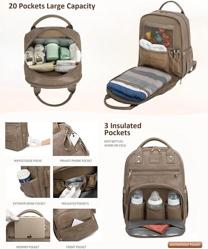 ROSEGIN Premium Vegan Leather Diaper Bag Backpack with Waterproof Changing Pad, Reinforced Zippers & Odor-Free, 20 Pockets Pro Organizer, Fits 15.6" Laptop, Stroller Straps, Baby Bag for Mom, Taupe