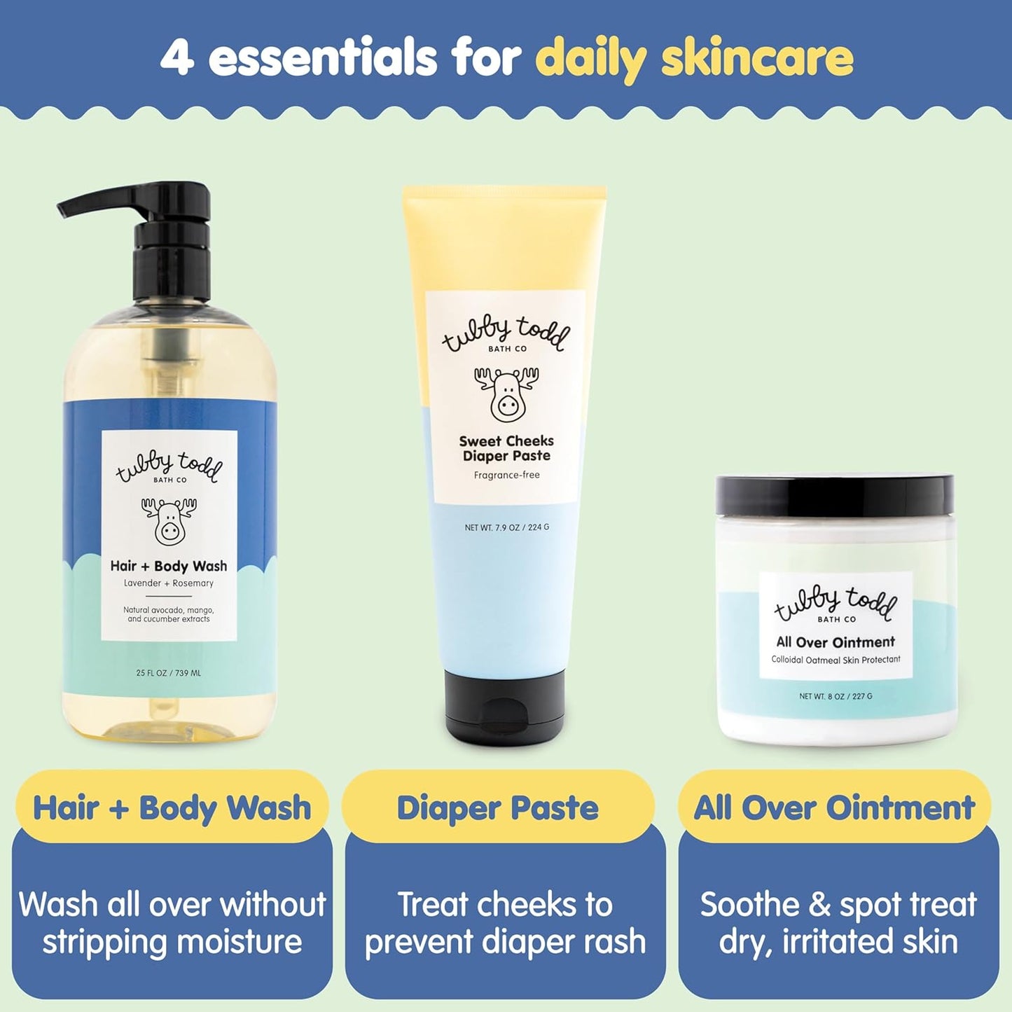 TUBBY TODD Baby Bundle Newborn Skin Care Set - Hypoallergenic Hair + Body Wash, All Over Ointment with Colloidal Oatmeal, Sweet Cheeks Diaper Paste - Fragrance Free, Standard Size