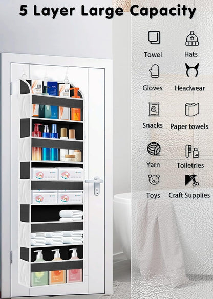 TAHAVICE 1 Pack Over The Door Organizer Storage, Hanging Organizer Closet with 5 Large Pockets 10 Mesh Pockets, 44 lbs Weight Capacity, Behind Door Storage for Nursery Bedroom Bathroom (Dark Grey)