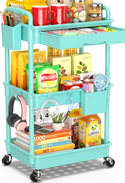 SUNALLY 3 Tier Rolling Cart with Drawer, Bathroom Storage Organizer with 2 Lockable Wheels, Multifunctional Rolling Storage Cart for Bathroom, Kitchen, Office, Craft, Makeup, Baby Essentials, White