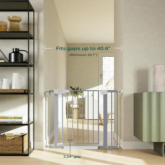 Cumbor 29.7-40.6" Baby Gate for Stairs, Mom's Choice Awards Winner-Dog Gates for Doorways, Pressure Mounted Auto-Close Pet Gates for Dogs Indoor, Safety Child Gate with Easy Walk Thru Door, Gray