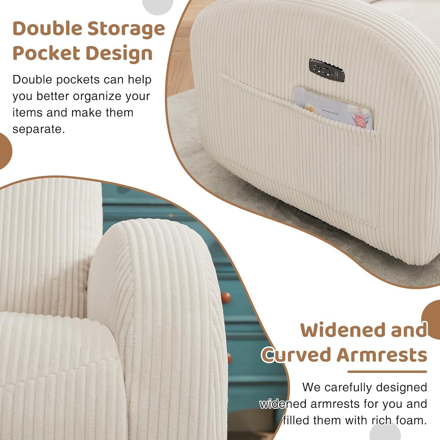 Nursery Glider Recliner, Power Swivel Rocking Recliner with USB & Type-C Port, Swivel Nursering Reclining Rocker with Double Pockets for Living Room, Camel Chenille