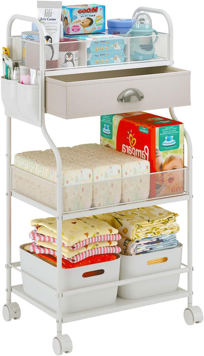 3-Tier Baby Diaper Caddy Cart Organizer,Mobile Nursery Storage Carts with Wheels,With 2 Dividers&14 Mesh Pockets Durable Metal Utility Cart for Nursery, Bedroom, Bathroom, Baby Essentials Organization
