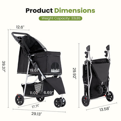 Sweetcrispy 3 Wheels Pet Stroller for Small Dogs and Cats – Foldable Dog Stroller with Mesh Windows, Storage Basket & Cup Holder, Lightweight & Durable Pet Carrier for Travel, Outdoor Use, Blue