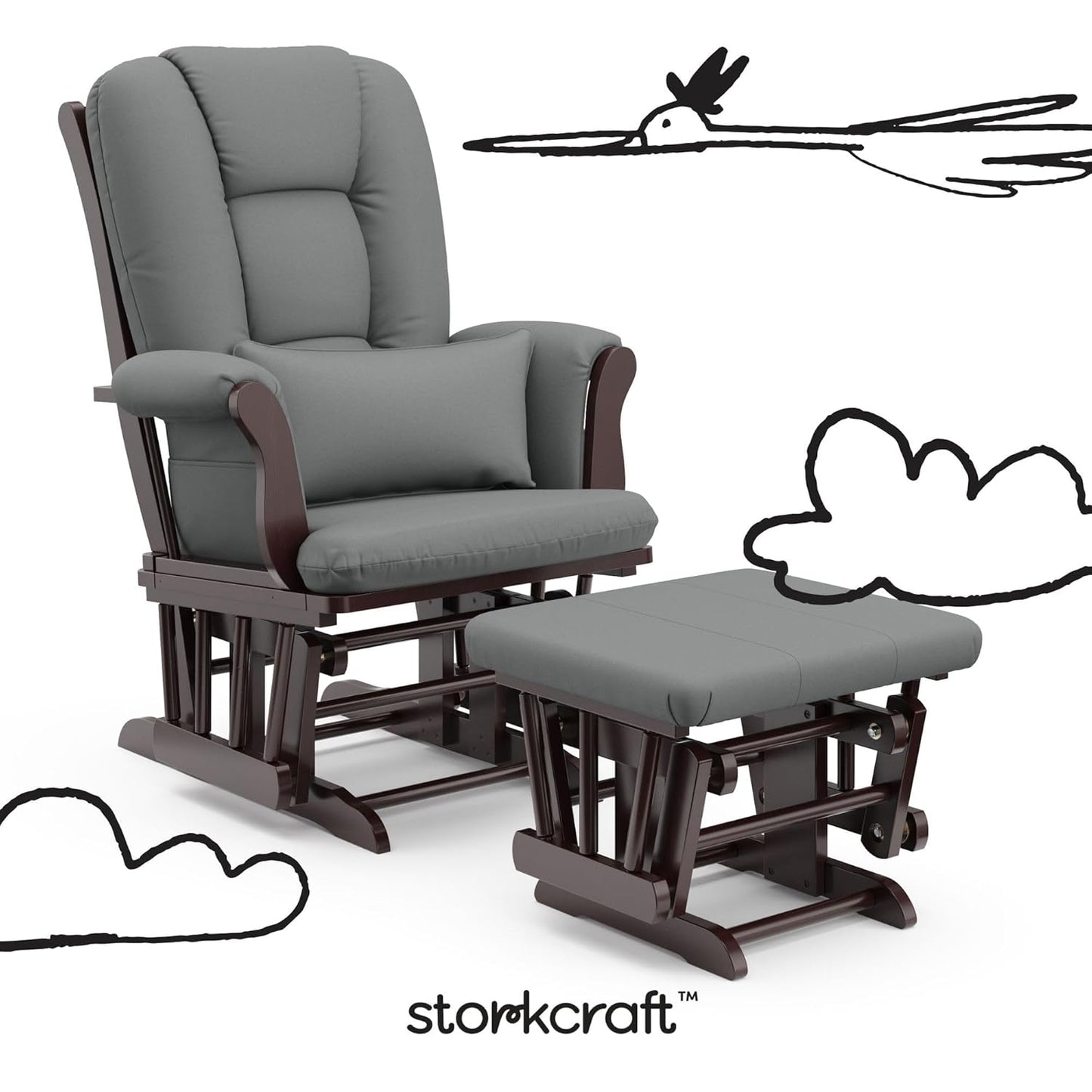 Storkcraft Tuscany Glider with Ottoman (Black/Gray) — GREENGUARD Gold Certified, Bonus Lumbar Cushion Included, Solid Wood Base, Smooth Motion, Award-Winning Nursery Rocking Chair, Glider and Ottoman