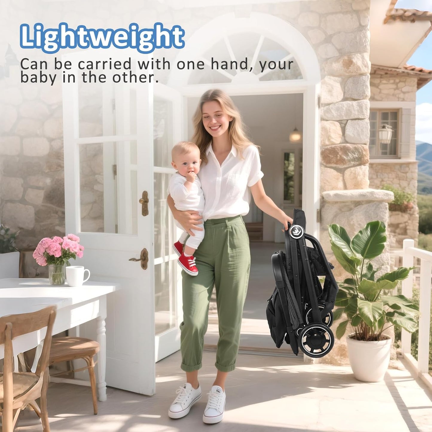Rollingsurfer Lightweight Baby Stroller, Compact Travel Stroller with Retractable Foot Cover & Sleep Shade, One Hand Fold Stroller, Toddler Pushchair Adjustable Seat for Airplane 0-36 Months